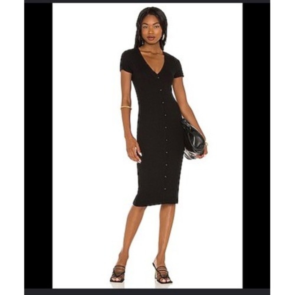 LNA Black Ribbed Button Front V-Neck Short Sleeve Midi Dress XS Made in USA